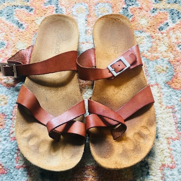 YOKONO Brown Leather Loop Toe Thong Flats Sandals Shoes Spain Women's Size 9 The - Picture 3 of 10